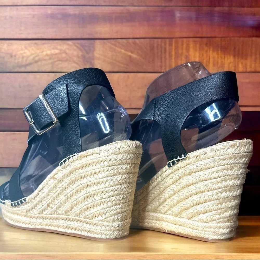 Kenneth Cole NY Olivia Black Cross Strap Leather Wedge Sandals Buckle Closure
